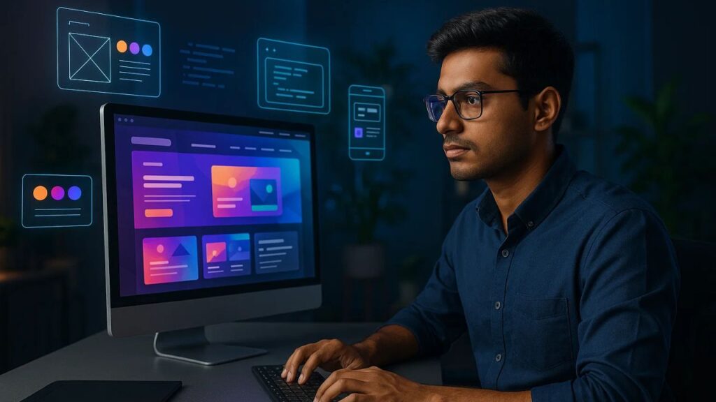 Software engineer designing or coding a website and mobile application UI/UX on a desktop computer.